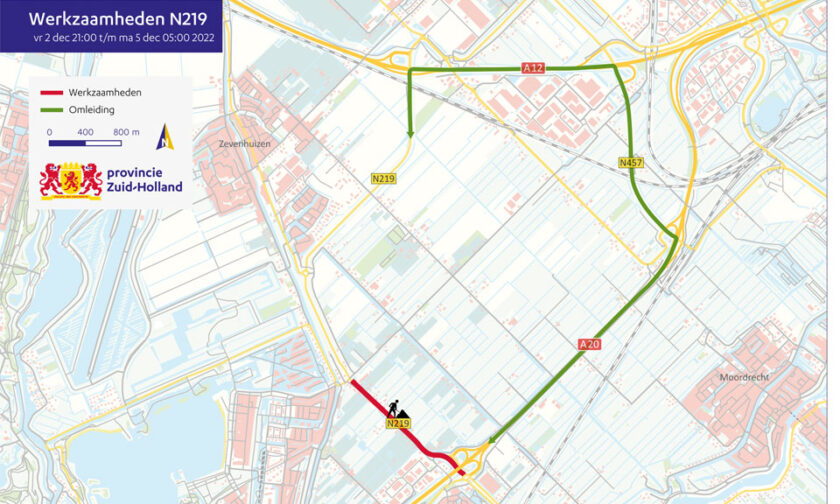 Werkzaamheden Eerste Tochtweg (N219) bij Nieuwerkerk aan den IJssel van 2 tot en met 5 december 2022